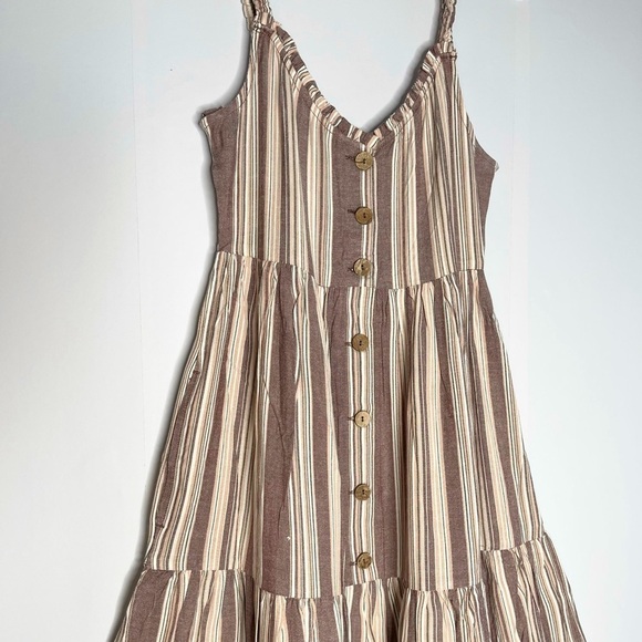 𝅺new Roxy Breeze on By Brown Beige Stripe Button Up Tiered Dress US S - Picture 3 of 11